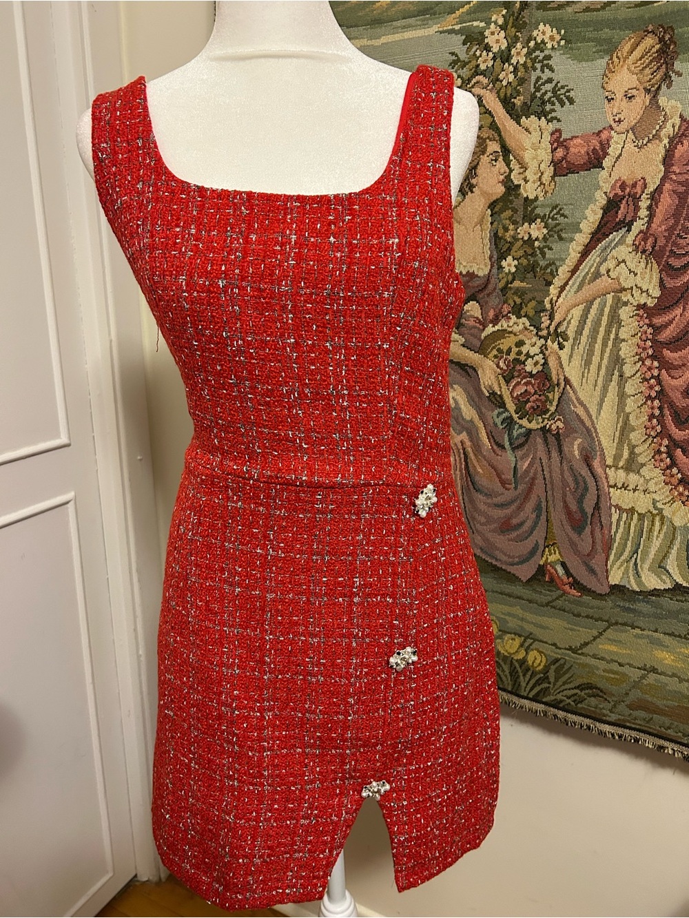 Cider Red Tweed Mini Dress with Pearl-Style Buttons